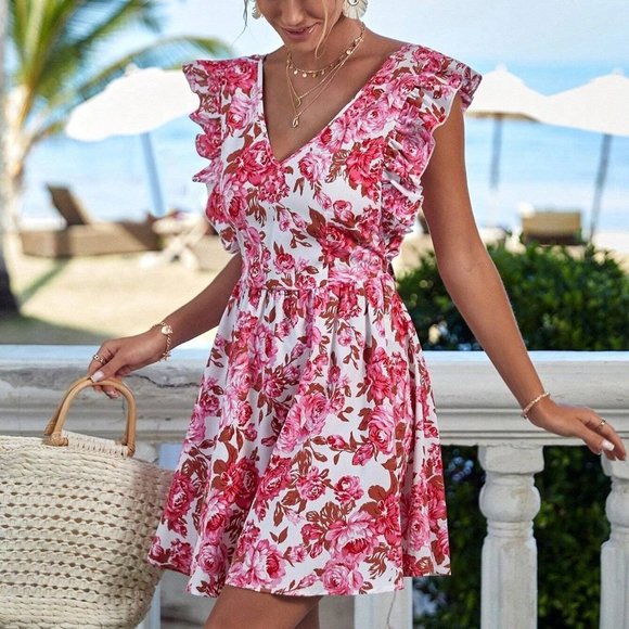 Pink Boho Womens Floral Print Tie Backless Ruffle Trim Dress - Picture 4 of 5